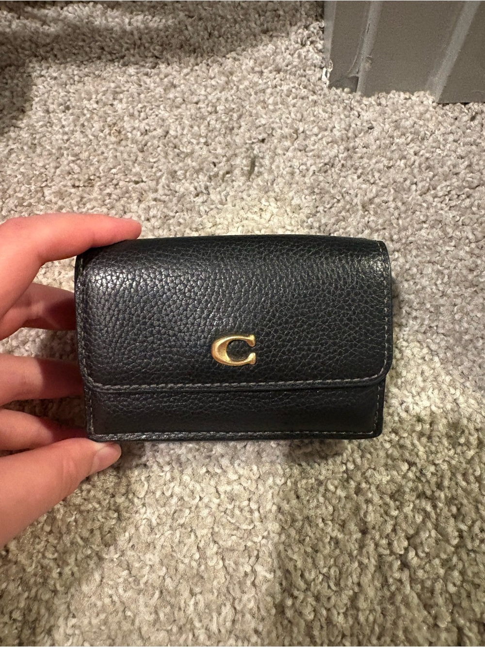 Coach Black Pebbled Leather Trifold Card Holder with Gold 'C'